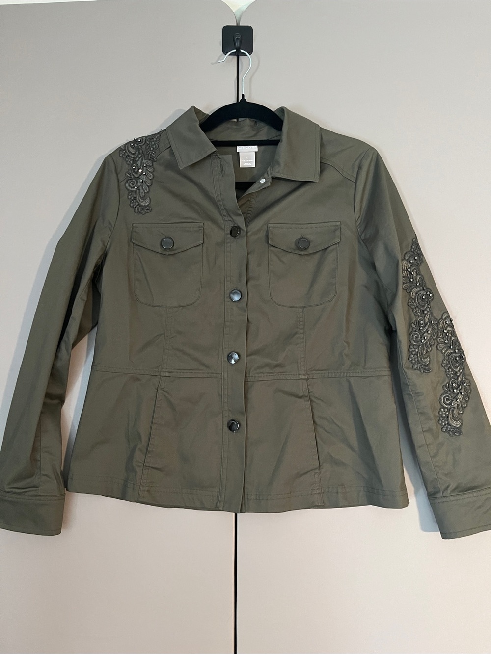 Chico's Olive Green Embroidered Utility Jacket